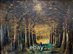 Tableau ancien, impresionniste Paysage allée de platanes huile 40x30 cm