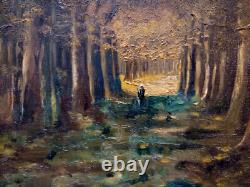 Tableau ancien, impresionniste Paysage allée de platanes huile 40x30 cm