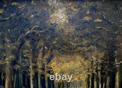 Tableau ancien, impresionniste Paysage allée de platanes huile 40x30 cm