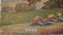 Tableau ancien impressionniste Barbizon signé huile 41cm x 61cm Moisson