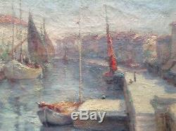 Tableau ancien impressionniste EGLENE SURIEUX Marine Bateaux Les Martigues Huile