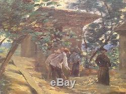 Tableau ancien impressionniste Le battage des foins Huile toile signée Bonnand