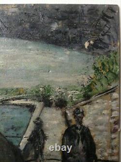 Tableau ancien impressionniste Pécheurs Quai de Seine Paris Huile signée c1942