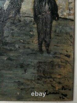 Tableau ancien impressionniste Pécheurs Quai de Seine Paris Huile signée c1942