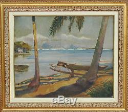 Tableau ancien impressionniste Va'a hoe POLYNESIE TAHITI huile oil format 15F