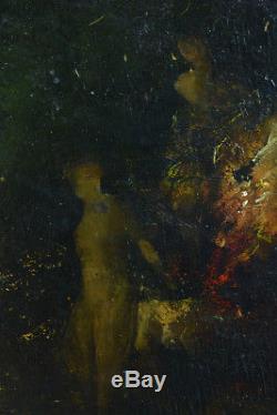 Tableau ancien impressionniste baigneuses Femme Nue Nymphe au bain signé19 ème