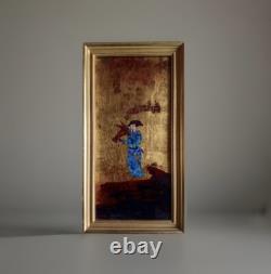 Tableau ancien laque dorure fixé / verre dresseur fauconnier signé Michel Zeller