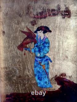 Tableau ancien laque dorure fixé / verre dresseur fauconnier signé Michel Zeller