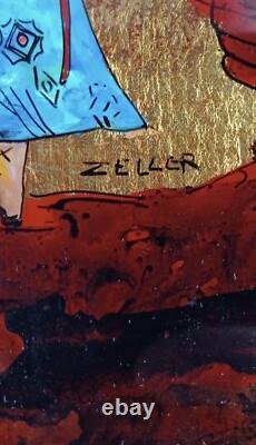 Tableau ancien laque dorure fixé / verre dresseur fauconnier signé Michel Zeller