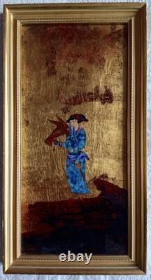 Tableau ancien laque dorure fixé / verre dresseur fauconnier signé Michel Zeller