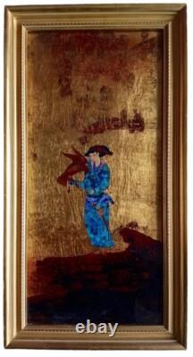 Tableau ancien laque dorure fixé / verre dresseur fauconnier signé Michel Zeller