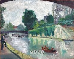 Tableau ancien les quais de Seine animé Paris Notre-Dame pont Style Lucien Genin