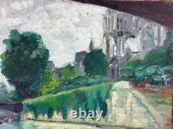 Tableau ancien les quais de Seine animé Paris Notre-Dame pont Style Lucien Genin