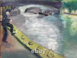 Tableau ancien les quais de Seine animé Paris Notre-Dame pont Style Lucien Genin