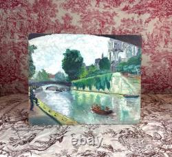 Tableau ancien les quais de Seine animé Paris Notre-Dame pont Style Lucien Genin