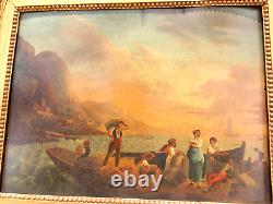 Tableau ancien marine bord de mer fin XVIIIeme 18eme cadre d epoque louis XVI