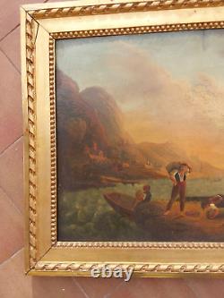 Tableau ancien marine bord de mer fin XVIIIeme 18eme cadre d epoque louis XVI