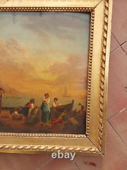 Tableau ancien marine bord de mer fin XVIIIeme 18eme cadre d epoque louis XVI
