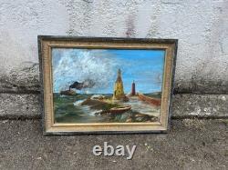 Tableau ancien marine huile sur toile signé Y. Delaporte entrée de port
