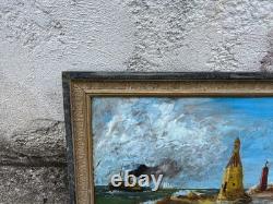 Tableau ancien marine huile sur toile signé Y. Delaporte entrée de port