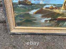 Tableau ancien marine huile sur toile signé Y. Delaporte entrée de port