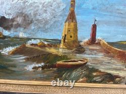 Tableau ancien marine huile sur toile signé Y. Delaporte entrée de port