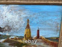 Tableau ancien marine huile sur toile signé Y. Delaporte entrée de port