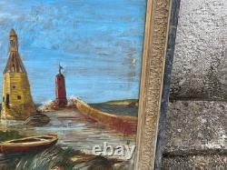 Tableau ancien marine huile sur toile signé Y. Delaporte entrée de port Tableau ancien marine huile sur toile signé Y. Delaporte entrée de port