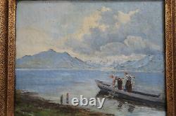 Tableau ancien montagne lac pêcheurs Alpes Le Bourget impressionniste signé