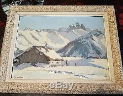 Tableau ancien montagne maison chalet alpage huile panneau signée savoie