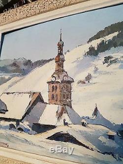 Tableau ancien montagne village église megeve huile panneau signée haute savoie