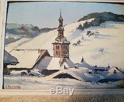 Tableau ancien montagne village église megeve huile panneau signée haute savoie
