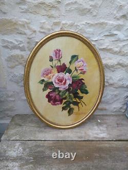 Tableau ancien nature morte bouquet Roses signé dans cadre ovale doré 54 cm x 44