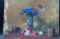 Tableau ancien nature morte fleurs oeillets vase terre cuite signé