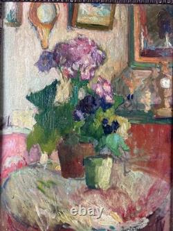 Tableau ancien nature morte intérieur 1900 impressionniste Jeanne DURANTON hsc