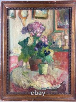 Tableau ancien nature morte intérieur 1900 impressionniste Jeanne DURANTON hsc