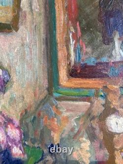 Tableau ancien nature morte intérieur 1900 impressionniste Jeanne DURANTON hsc
