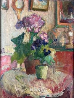 Tableau ancien nature morte intérieur 1900 impressionniste Jeanne DURANTON hsc