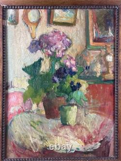Tableau ancien nature morte intérieur 1900 impressionniste Jeanne DURANTON hsc