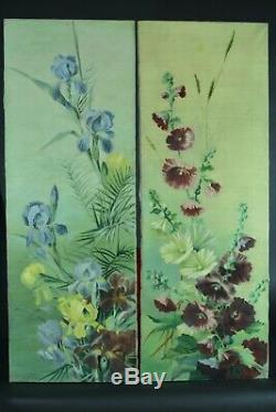 Tableau ancien paire grandes toiles jetés de fleurs Hst antique Still life x 2