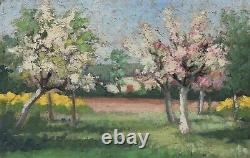 Tableau ancien paysage Arbre en fleurs Peinture à l'huile sur toile