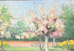 Tableau ancien paysage Arbre en fleurs Peinture à l'huile sur toile