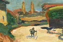 Tableau ancien paysage animé Ambérieux Rhône signé Lucien MAINSSIEUX (1885-1958)