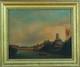 Tableau ancien paysage animé vue D'Albi promeneur sur les bords du Tarn 19 ème