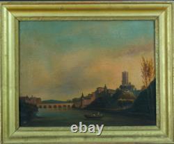 Tableau ancien paysage animé vue D'Albi promeneur sur les bords du Tarn 19 ème