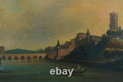 Tableau ancien paysage animé vue D'Albi promeneur sur les bords du Tarn 19 ème