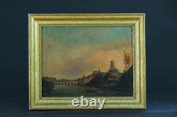 Tableau ancien paysage animé vue D'Albi promeneur sur les bords du Tarn 19 ème