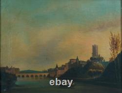 Tableau ancien paysage animé vue D'Albi promeneur sur les bords du Tarn 19 ème