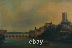 Tableau ancien paysage animé vue D'Albi promeneur sur les bords du Tarn 19 ème