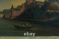 Tableau ancien paysage animé vue D'Albi promeneur sur les bords du Tarn 19 ème
